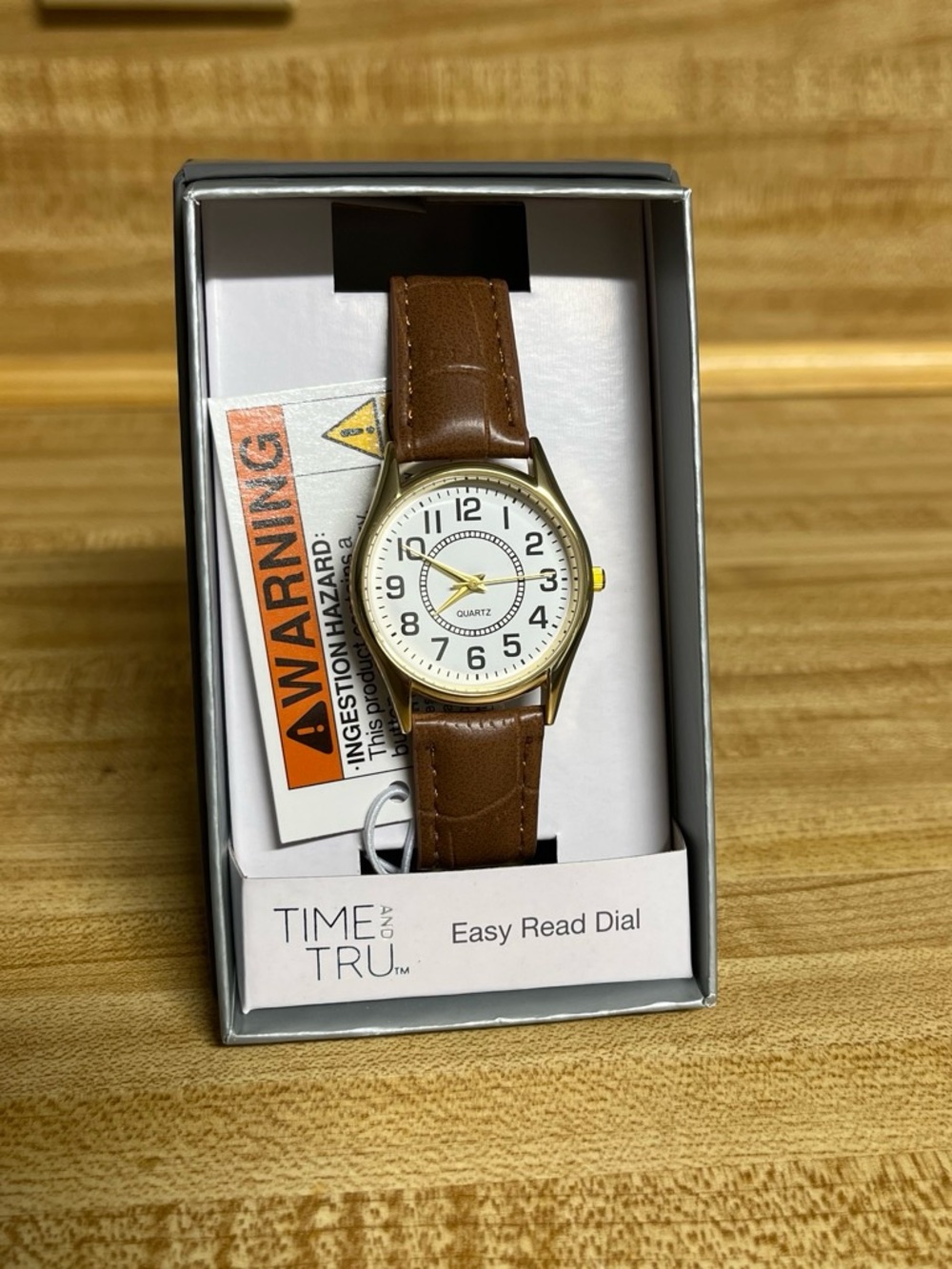 Time and Tru Gold Case White Dial Brown Synthetic Leather-Style Strap Watch
